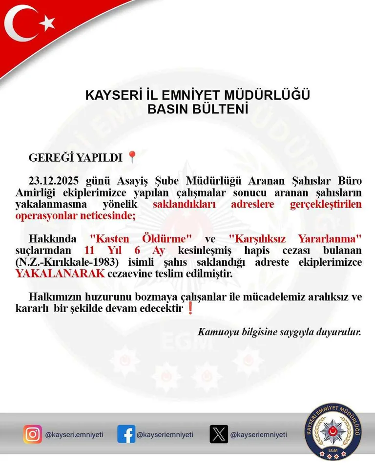 Kasten Öldürme Suçundan 11 Yıl 6 Ay Hükümlü Firari Kayseri'de Yakalandı — haber görseli