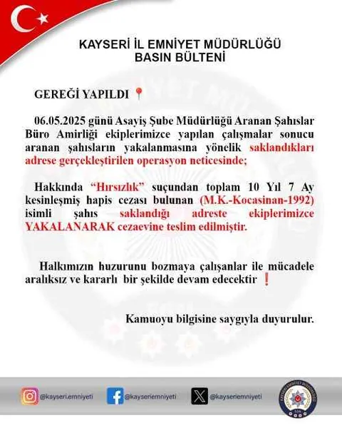 Hırsızlık Suçundan 10 Yıl 7 Ay Hapis Cezası Bulunan Şahıs Yakalandı! — haber görseli