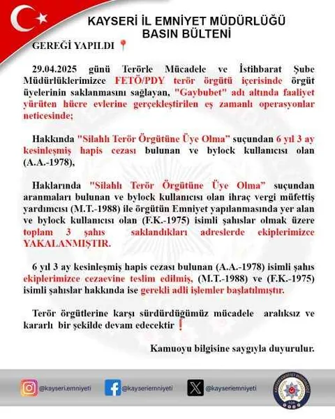 Kayseri'de FETÖ Operasyonu: Gaybubet Evlerine Baskın, 3 Şüpheli Yakalandı! — haber görseli