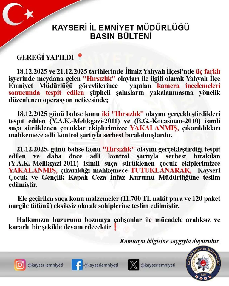 Yahyalı’da Hırsızlık Zinciri! 18 Aralık’ta Yakalandı, Serbest Kaldı… 21 Aralık’ta Yine Hırsızlık — haber görseli