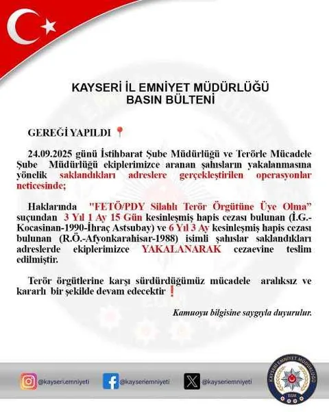 Kayseri’de FETÖ Operasyonu: 2 Hükümlü Yakalandı — haber görseli