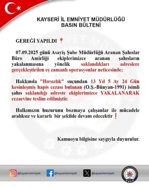 Kayseri’de Hırsızlıktan 12 Yıl 5 Ay Cezası Bulunan Firari Yakalandı — haber görseli