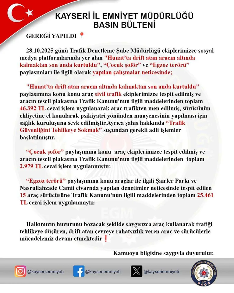Kayseri polisi affetmedi: Drift, çocuk şoför ve egzoz terörüne ceza yağdı! — haber görseli