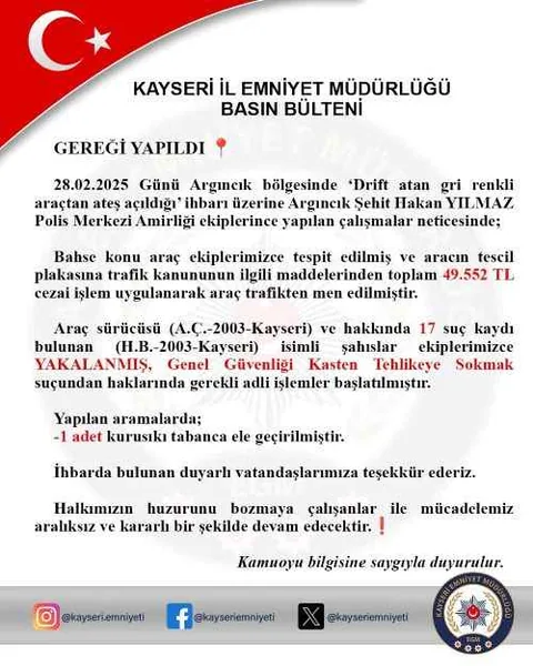Argıncık’ta Tehlikeli Eğlence! Drift Atıp Ateş Açtılar:17 Suç Kaydı Olan Şahıs Yakalandı — haber görseli