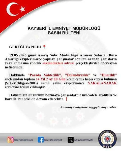 Parada Sahtecilik, Dolandırıcılık ve Hırsızlık! Kayseri'de 14 Yıl Hapis Cezalı Firari Yakalandı — haber görseli