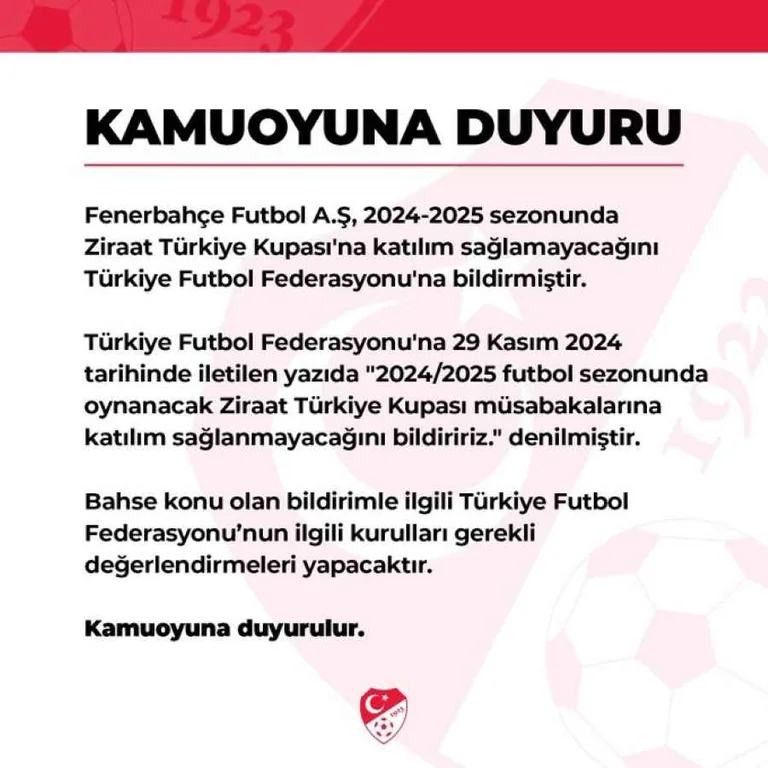 Fenerbahçe, Türkiye Kupası'na katılmayacağını TFF'ye bildirdi — haber görseli
