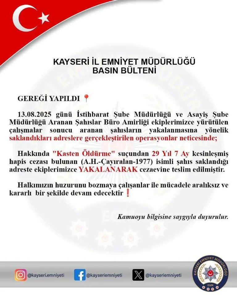 KAYSERİ’DE 29 YIL 7 AY HAPİS CEZASIYLA ARANAN KATİL YAKALANDI! — haber görseli