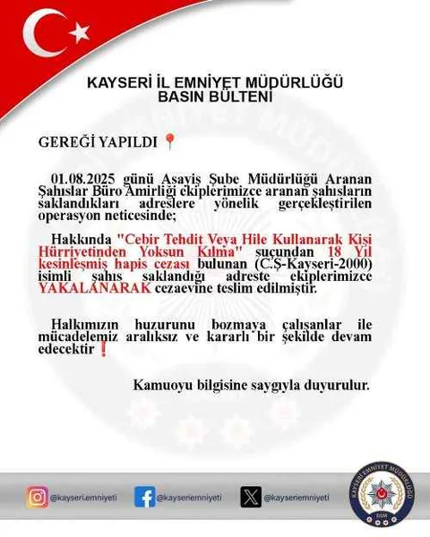 Kayseri’de 18 Yıl Kesinleşmiş Hapis Cezası Bulunan Şahıs Yakalandı — haber görseli