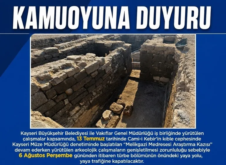 Duyuru! Kayseri'de Cami-i Kebir Önündeki Yaya Yolu Kazı Çalışmaları Nedeniyle Kapatılıyor — haber görseli