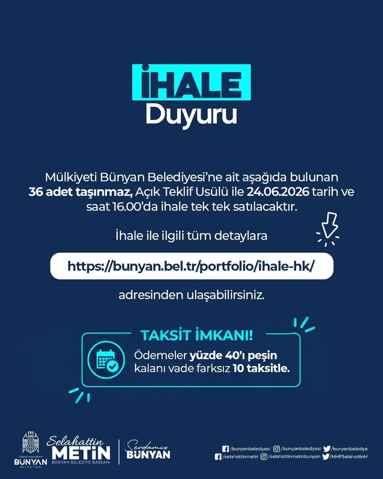 Bünyan Belediyesi’nden Büyük İhale: 36 Taşınmaz Satışa Çıkıyor! Ödemelerde 10 Taksit İmkanı — haber görseli