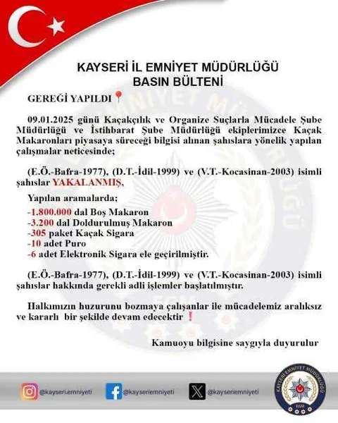KAYSERİ'DE KAÇAKÇILIK OPERASYONU: 3 ŞÜPHELİ YAKALANDI! 1.8 Milyon Makaron Ele Geçirildi! — haber görseli