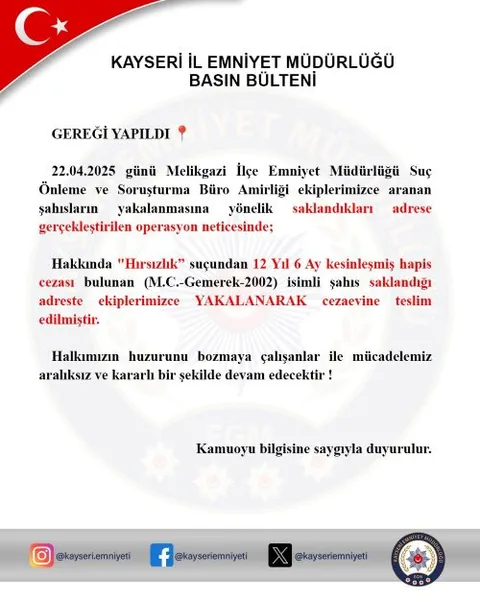 Hırsızlık Suçundan 12 Yıl 6 Ay Hapis Cezası Bulunan Şahıs Yakalandı! — haber görseli