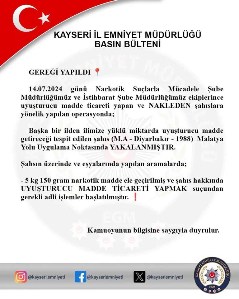 Kayseri Polisinden Şehirlerarası Uyuşturucu Sevkiyatına Darbe!  5 Kilo Uyuşturucu Ele Geçirildi — haber görseli