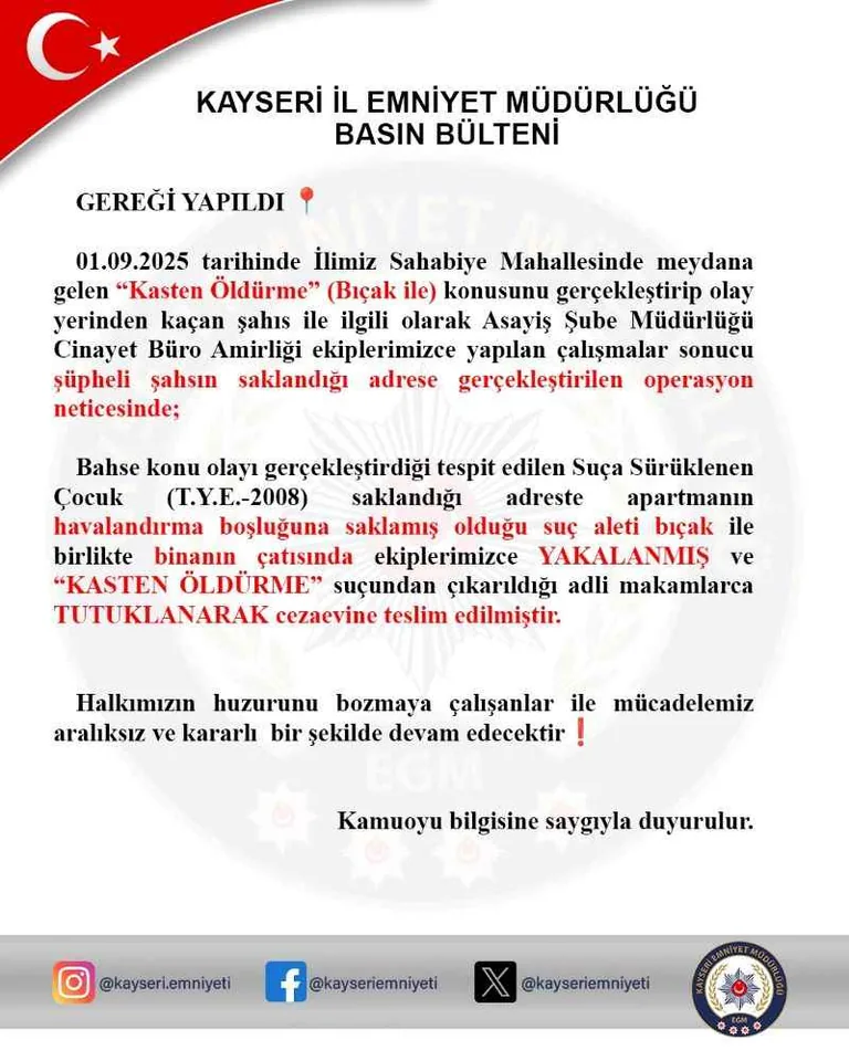 Kayseri Sahabiye’de Cinayet: 17 Yaşındaki Zanlı Yakalandı — haber görseli