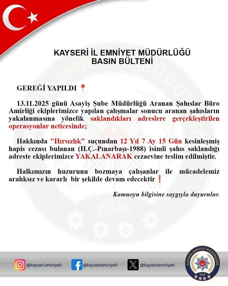 Kayseri’de 12 Yıl 7 Ay Kesinleşmiş Cezası Olan Hükümlü Saklandığı Evde Yakalandı! — haber görseli