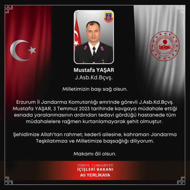 Kavgaya müdahale ederken yaralanmıştı... Jandarma Astsubay Kıdemli Başçavuş Mustafa Yaşar şehit oldu — haber görseli