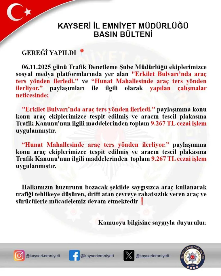 Kayseri’de ters yöne giren sürücülere Ceza Yağdı — haber görseli