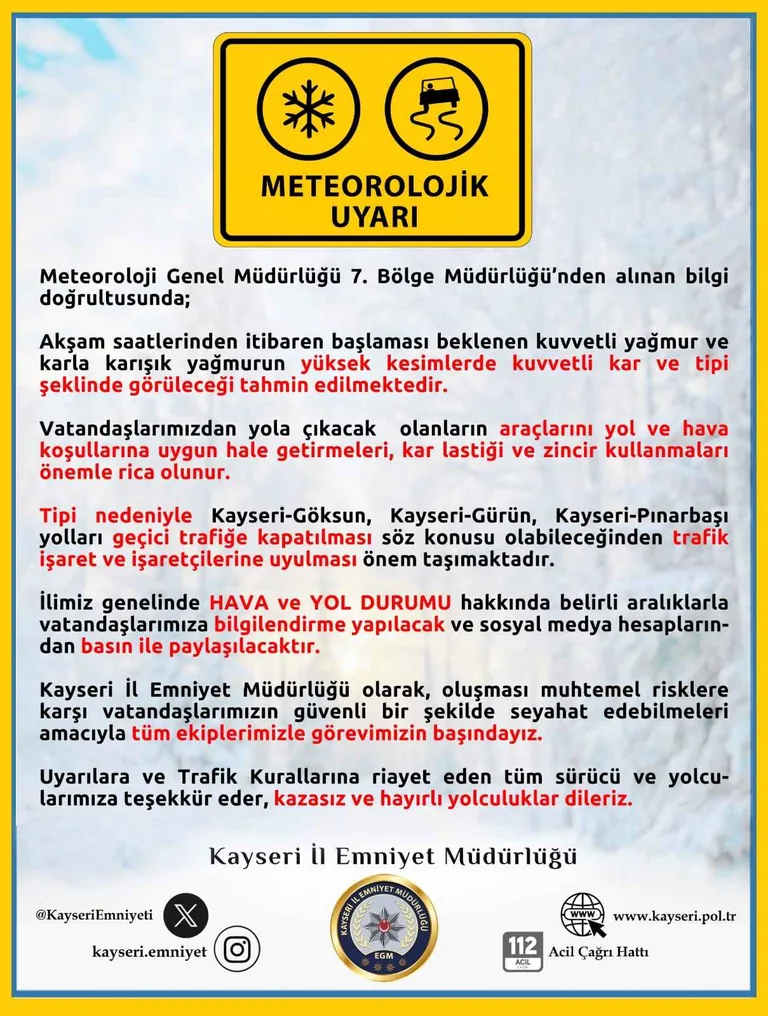 Kayseri Emniyeti’nden Kuvvetli Yağış ve Tipi Uyarısı — haber görseli