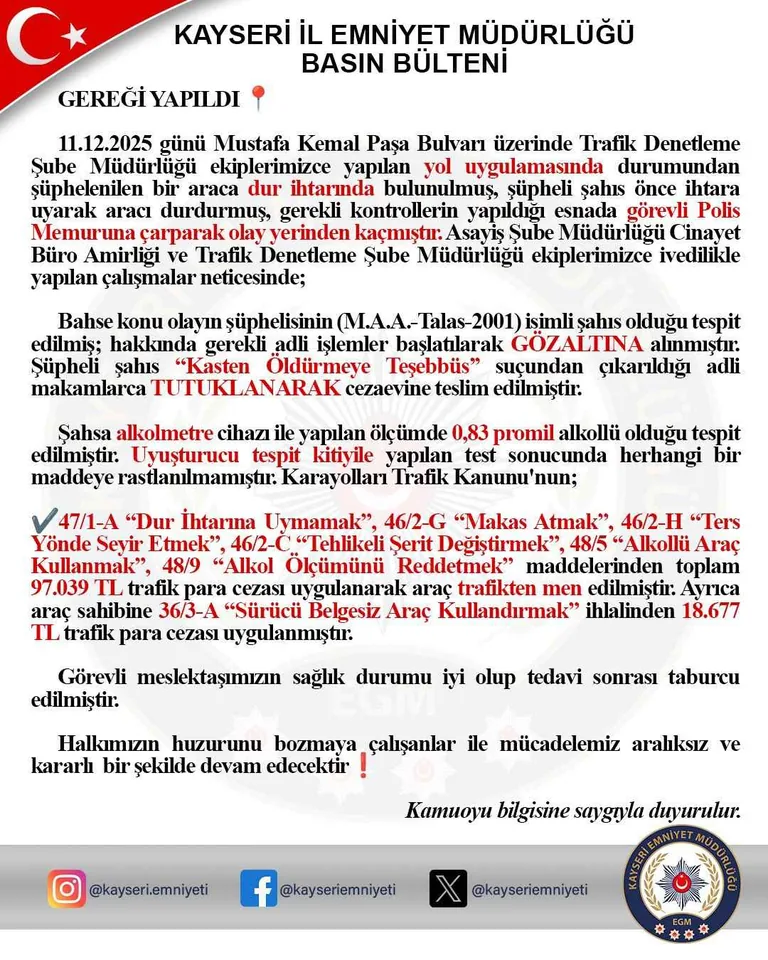 Trafik Uygulamasında Dehşet! Alkollü–Ehliyetsiz Sürücü Polis Memuruna Aracıyla Çarpıp Kaçtı  — haber görseli