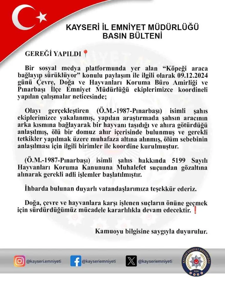 Hayvana Eziyet Kameralara Yansıdı, Emniyet Harekete Geçti: Şüpheli Pınarbaşı'da Yakalandı — haber görseli