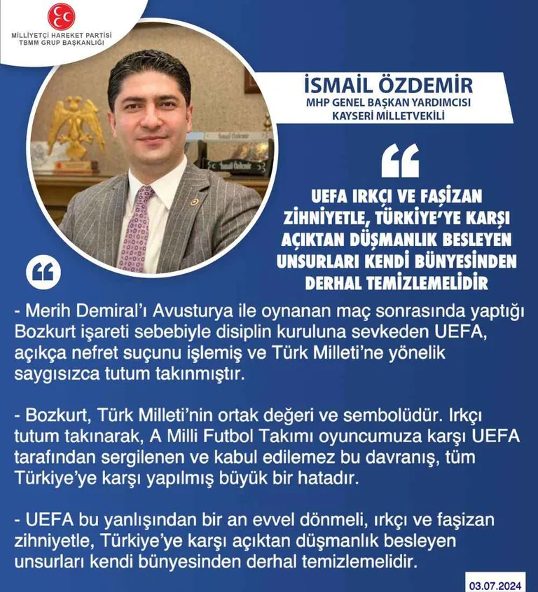 Milletvekili Özdemir'den UEFA'nın Kararına Tepki! “UEFA, Türkiye’ye karşı açıktan düşmanlık besleyen unsurlardan kendini temizlemelidir” — haber görseli
