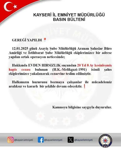 Evden Hırsızlık Suçundan 20 Yıl Hükümlü H.K. Yakalandı — haber görseli