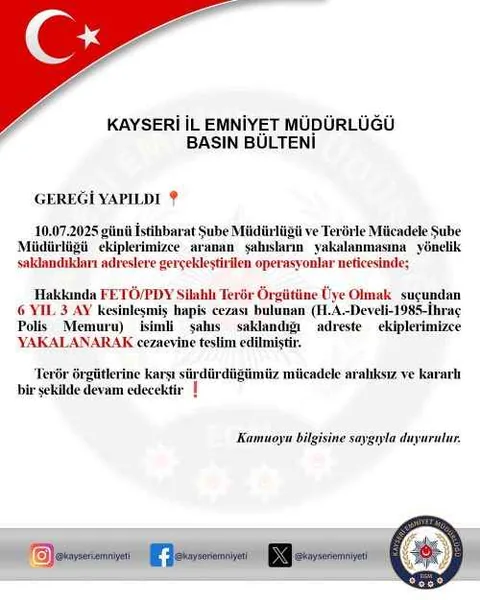 Kayseri’de FETÖ Üyesi Eski Polis Saklandığı Adreste Yakalandı — haber görseli