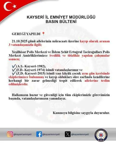Kayseri’de kayıp alarmı mutlu sonla bitti! 3 Vatandaş Bulundu — haber görseli