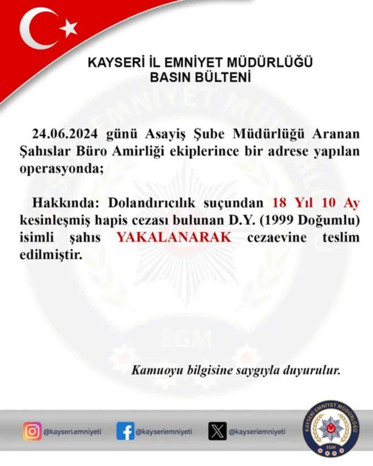 Dolandırıcılık Suçundan 18 Yıl 10 Ay Hapis Cezası Bulunan Şahıs Yakalandı — haber görseli