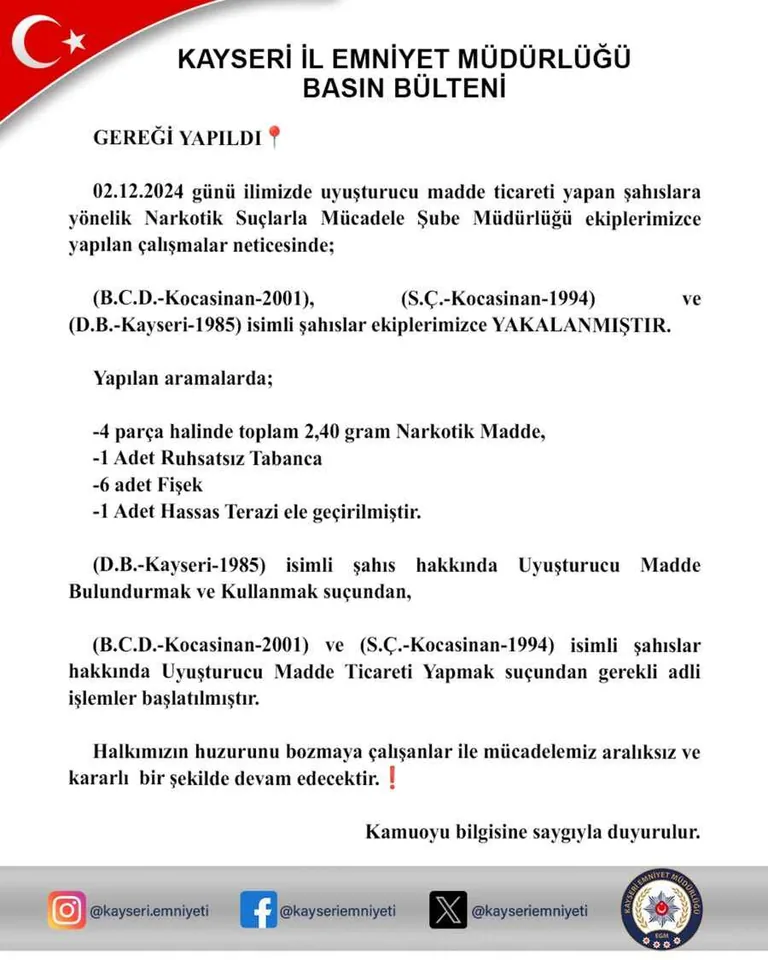 Kayseri'de Narkotik Operasyonu: 3 Şüpheli Yakalandı — haber görseli