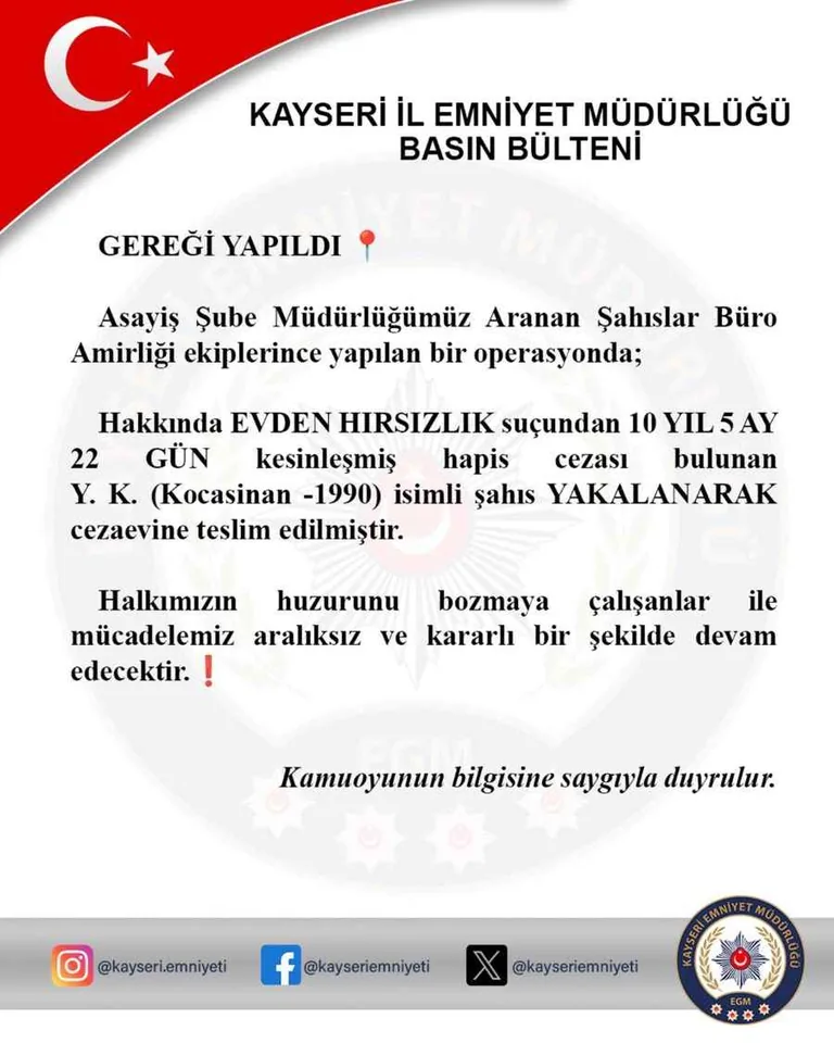 Kayseri Polisi Evden Hırsızlık Suçundan Aranan Firariyi Kıskıvrak Yakaladı!  — haber görseli