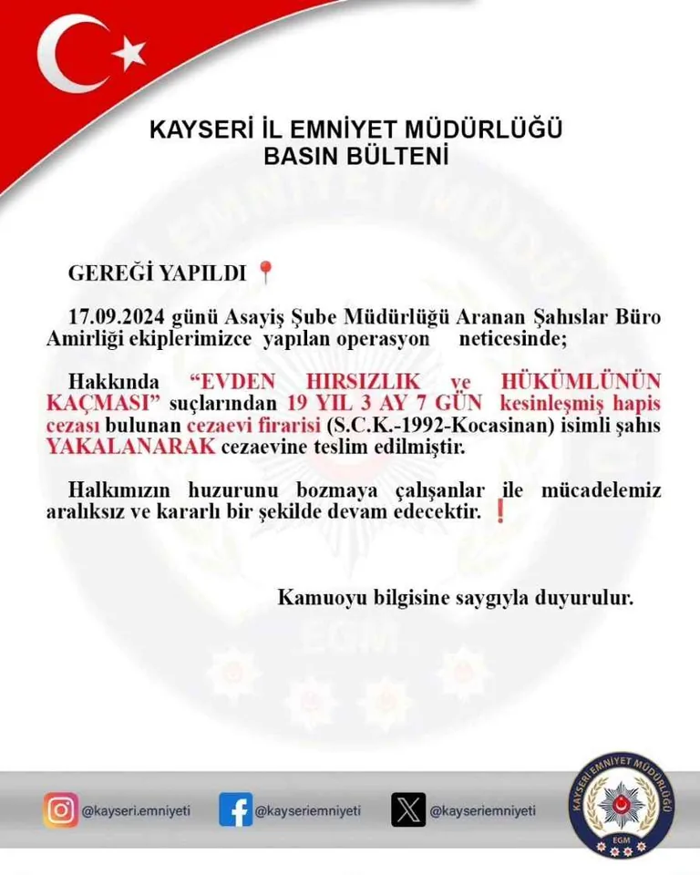 Kayseri'de 19 yıl cezası bulunan firari yakalandı — haber görseli