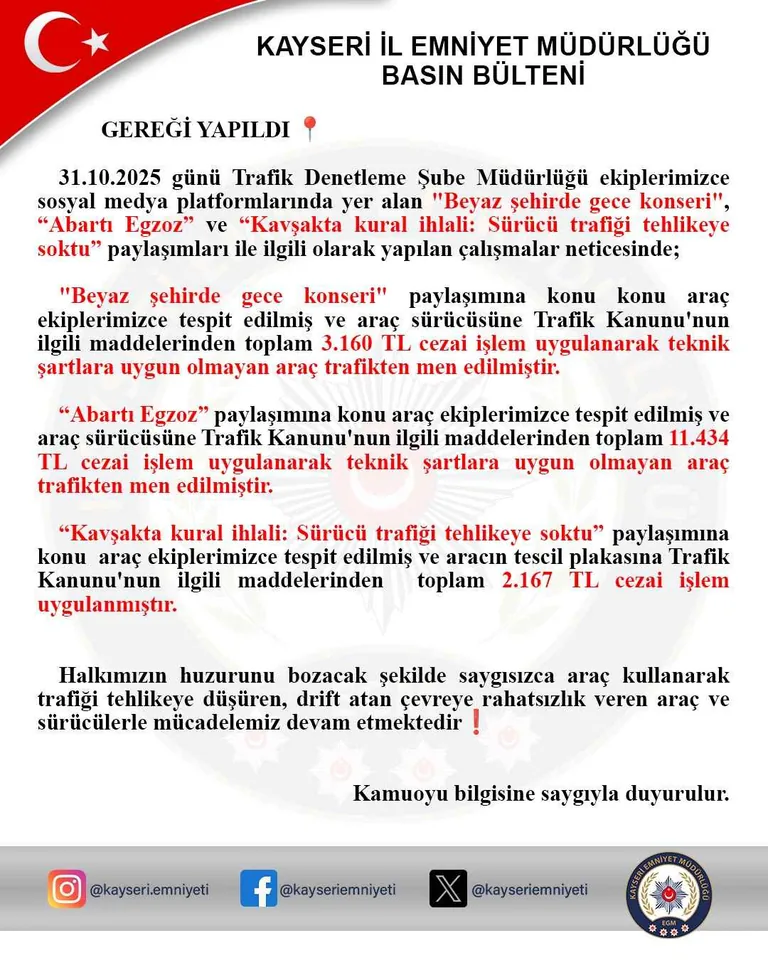 Kayseri Emniyeti Sosyal Medyadaki “Drift ve Egzoz Paylaşımları”na Göz Açtırmadı — haber görseli