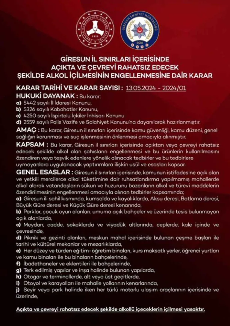 Giresun Valiliği Halka Açık Alanlarda Alkol Tüketimini Yasakladı — haber görseli