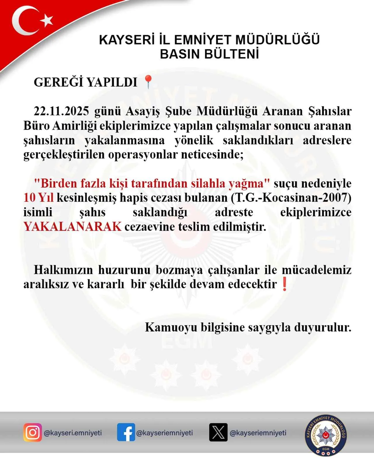 KAYSERİ’DE SİLAHLI YAĞMA SUÇUNDAN 10 YIL CEZASI BULUNAN ŞAHIS YAKALANDI — haber görseli