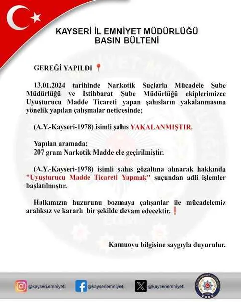Kayseri'de Uyuşturucu Operasyonu:1 Gözaltı — haber görseli