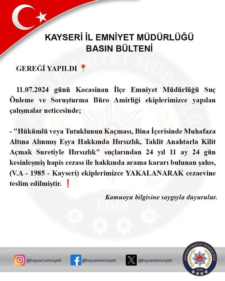 Kayseri'de 24 Yıl 11 Ay Hapis Cezası Bulunan Kaçak Hükümlü Yakalandı — haber görseli