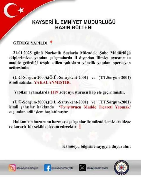 Kayseri'de Uyuşturucu Operasyonu: 1119 Adet Uyuşturucu Hap Ele Geçirildi — haber görseli