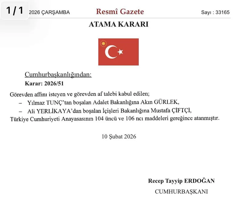 Son Dakika! Adalet Bakanlığına Akın Gürlek, İçişleri Bakanlığına Mustafa Çiftçi atandı — haber görseli