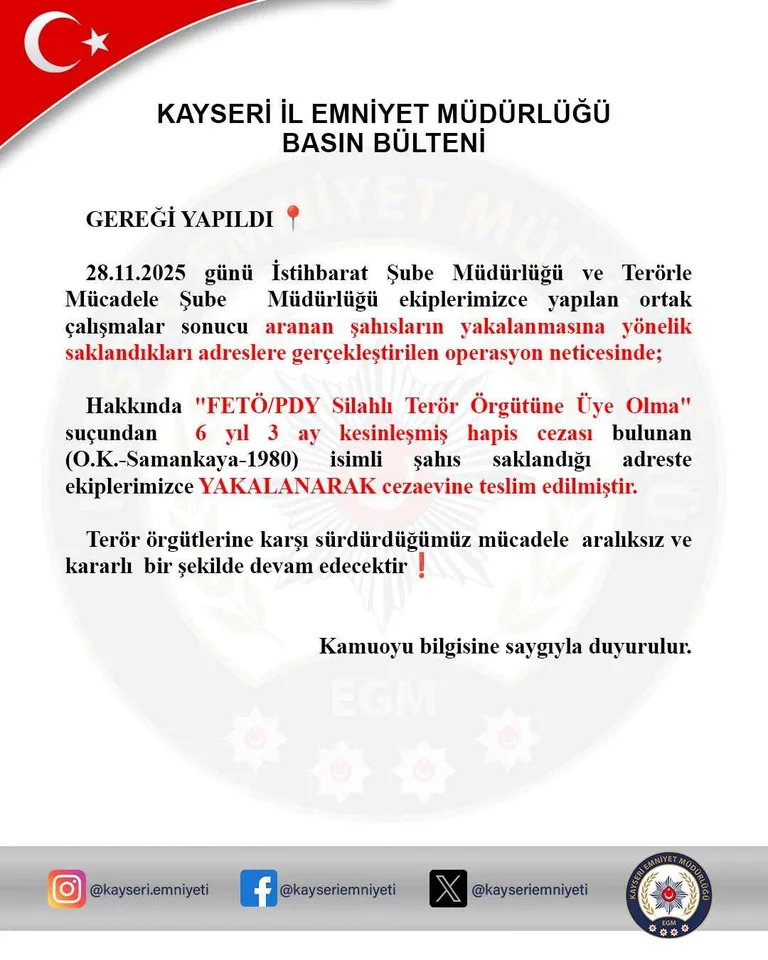Kayseri'de aranan FETÖ hükümlüsü yakalandı — haber görseli