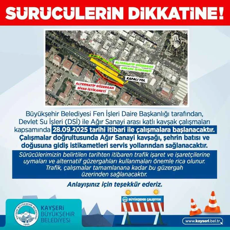 Kayseri Katlı Kavşak Çalışmaları Başlıyor: DSİ – Ağır Sanayi Trafik Düzeni ve Alternatif Güzergahlar — haber görseli