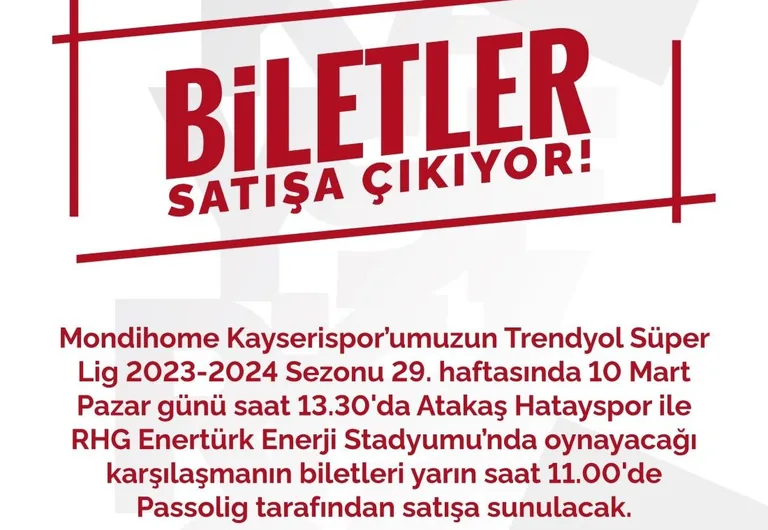 Kayserispor - Hatayspor maç biletleri yarın satışa çıkıyor — haber görseli