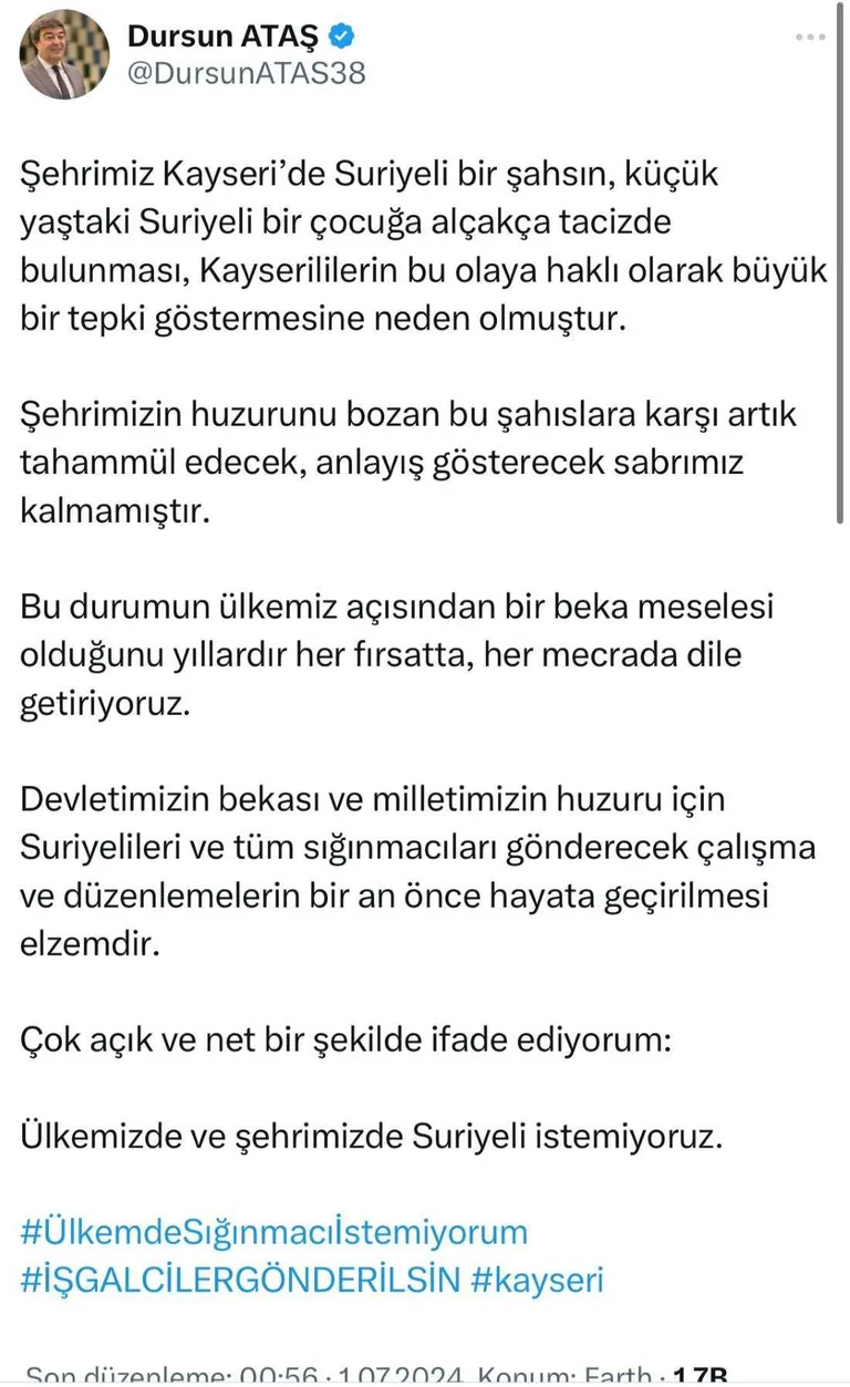 Milletvekili Ataş, “Ülkemizde ve şehrimizde Suriyeli İstemiyoruz” — haber görseli
