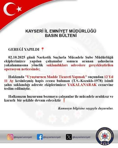 Kayseri’de Uyuşturucu Ticaretinden 12 Yıl 11 Ay Hapis Cezası Bulunan Şahıs Yakalandı — haber görseli