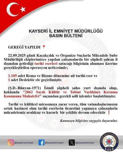 KOM Şubeden Nefes Kesen Operasyon! 1.105 Parça Tarihi Eser Ele Geçirildi — haber görseli