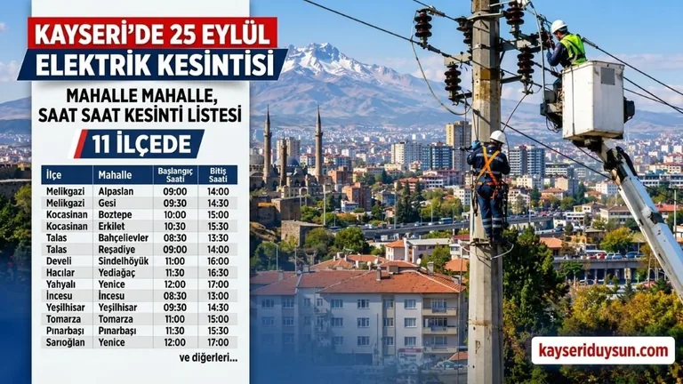 Kayseri’de 25 Eylül elektrik kesintisi! Mahalle Mahalle Saat Saat Kesinti Listesi — haber görseli
