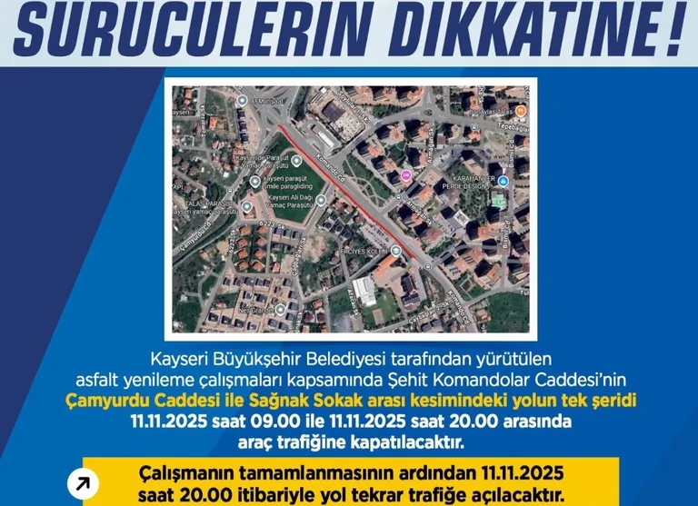 Şehit Komandolar Caddesi’nde Asfalt Çalışması: Yol Geçici Süreyle Trafiğe Kapatılacak — haber görseli