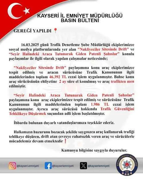 Kayseri Emniyetinden Trafik Magandalarına Geçit Yok! Drift Attı, Sonu Ağır Oldu — haber görseli
