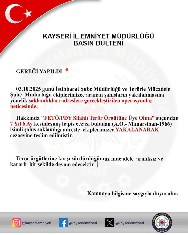 Kayseri İstihbarat ve TEM’den Nokta Operasyon! FETÖ/PDY Üyesi Firari Yakalandı — haber görseli