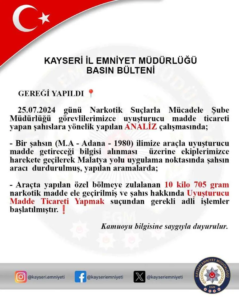 Kayseri'ye Zehir Taşıyan Kurye Malatya'da Yakalandı: 10 Kilo 705 Gram Uyuşturucu Ele Geçirildi! — haber görseli
